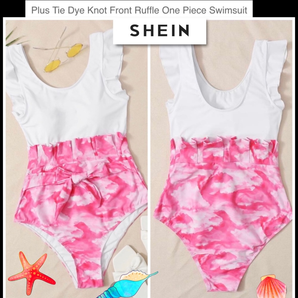 🌵SHEIN Pink & White Cloud Print Ruffle One Piece 4X